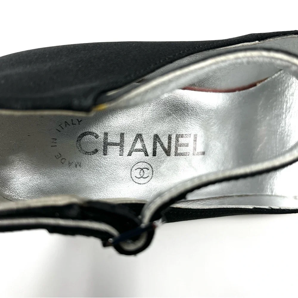 Chanel Black Satin Silver CC Logo Mary Jane Janes High Heels Pumps 37 6 6.5